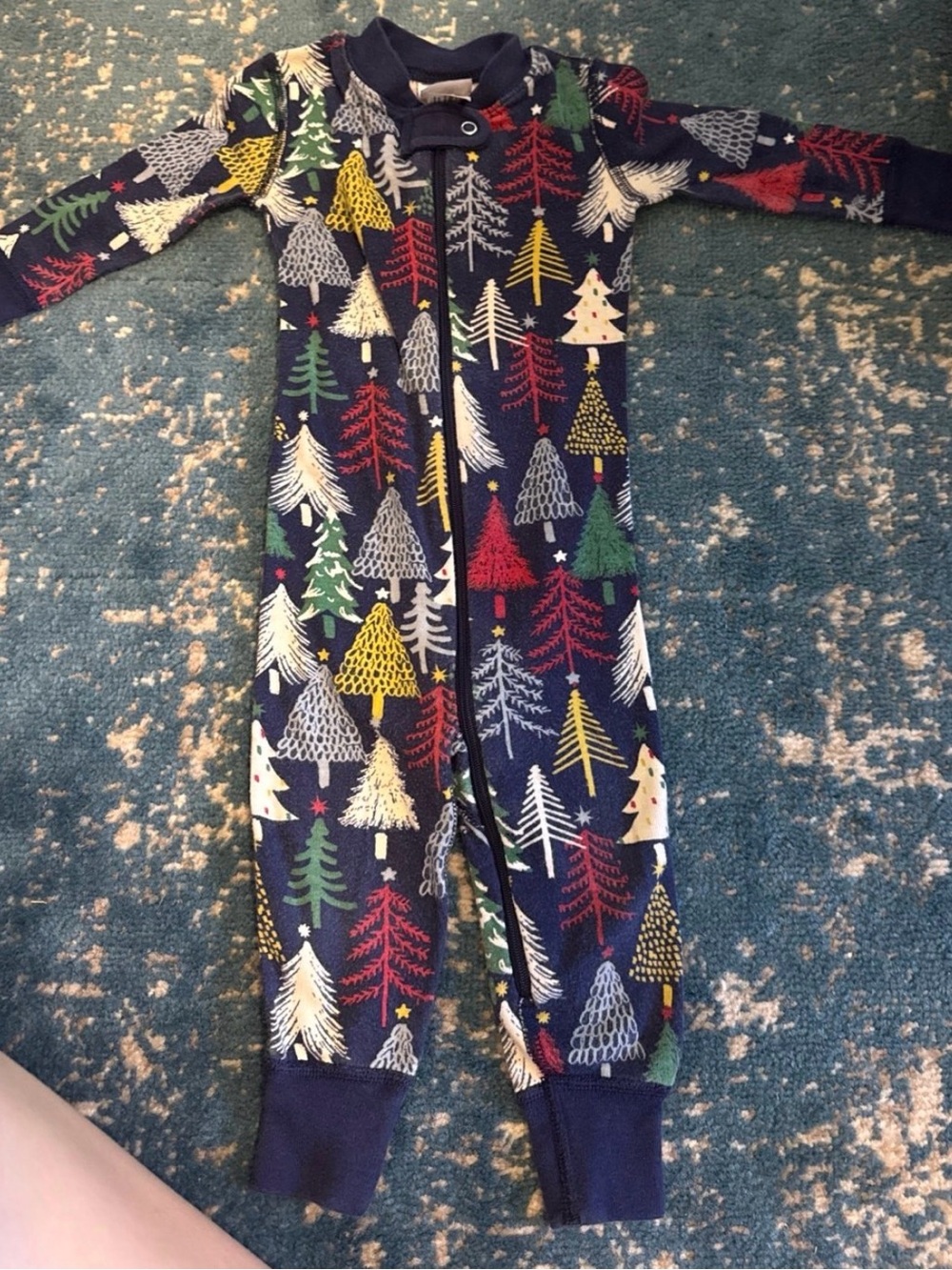Hanna Andersson Navy Tree Print Zip One-Piece Pajamas